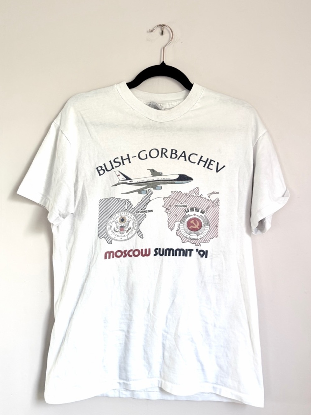 Vintage Cold War 1991 Bush Gorbachev Moscow Summit T Shirt USA Hanes Beefy Large